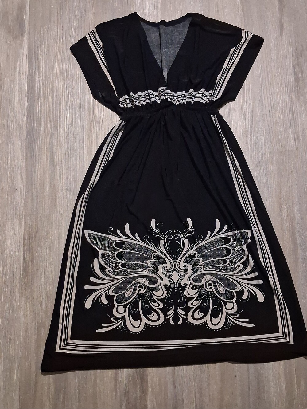 Black Printed Mini Dress with White Butterfly Motif
